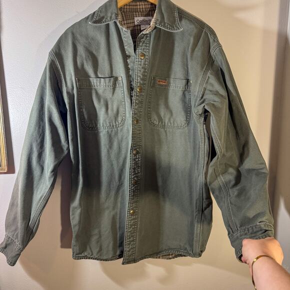 Vintage Carhartt Canvas Flannel Lined Work Shirt Jacket Sage Green Plaid S - Picture 1 of 5